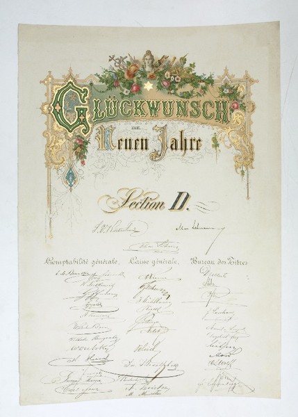 Neujahrs-Glückwunschadresse des Beamtenstabs der österreichischen Staatseisenbahn-Gesellschaft für Leopold Bresson zum …