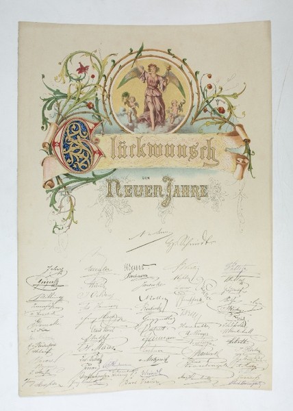 Neujahrs-Glückwunschadresse des Beamtenstabs der österreichischen Staatseisenbahn-Gesellschaft für Leopold Bresson zum …