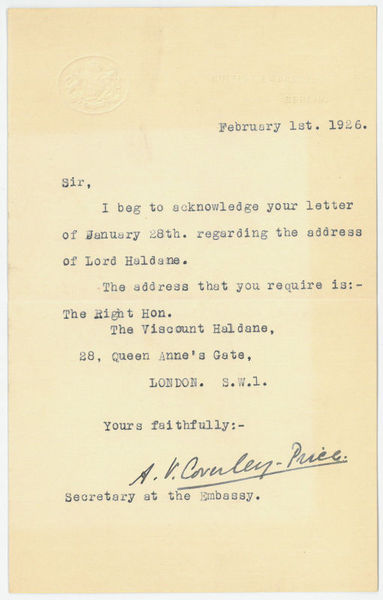 Ms. Brief mit eigenh. U. ("A. V. Coverley-Price").