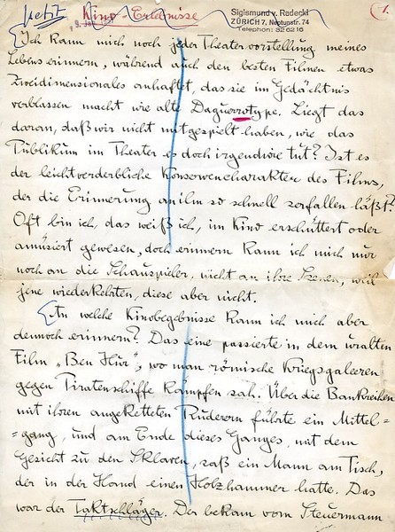 Kino-Erlebnisse. Eigenh. Manuskript (Fragment).