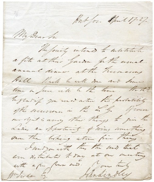 Autograph letter signed ("John Lindley").