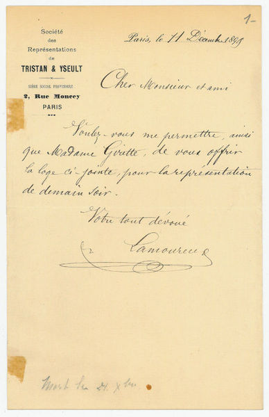 Eigenh. Brief mit U. („Ch. Lamoureux“).