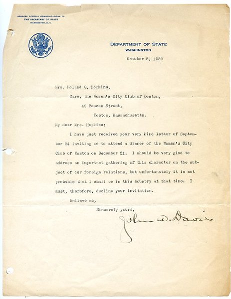 Autograph letter signed ("John W. Davis").
