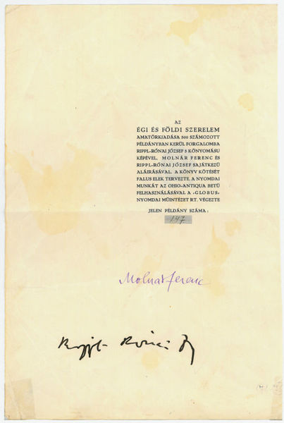 Eigenhändige Unterschrift im losen Druckvermerk von: Ders.: Égi és földi …
