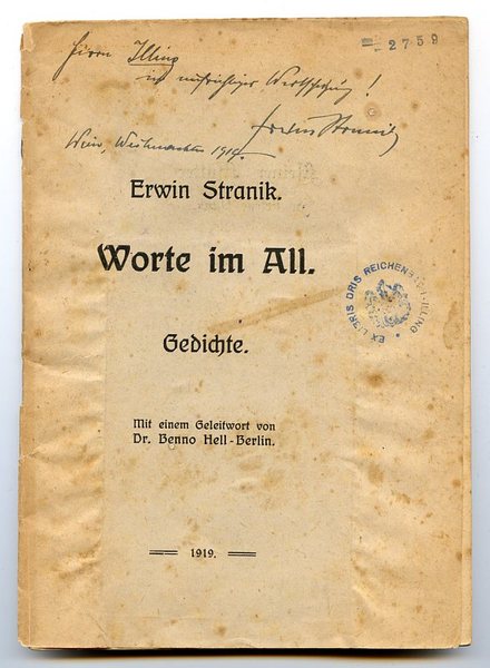 Eigenh. Widmung mit U. am Titel von: Worte im All. …