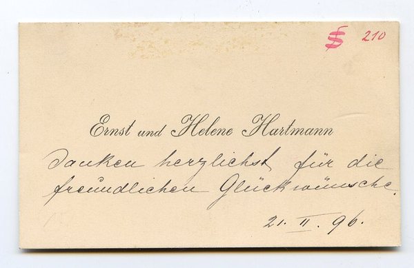 Visitenkarte mit zwei eh. Dankeszeilen.