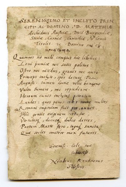 Autograph poem signed ("Nicolaus Reusnerus | Silesius").