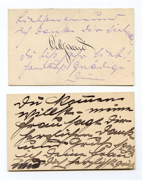 Zwei Visitenkarten mit jeweils einigen eigenh. Zeilen.