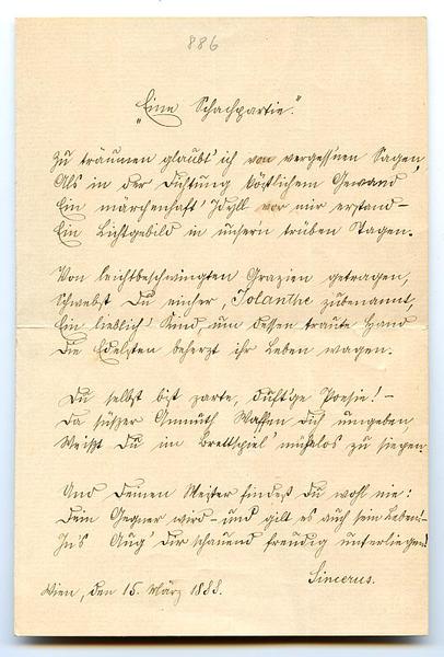 Eine Schachpartie. Eigenh. Gedicht (14 Zeilen) mit U. ("Sincerus").