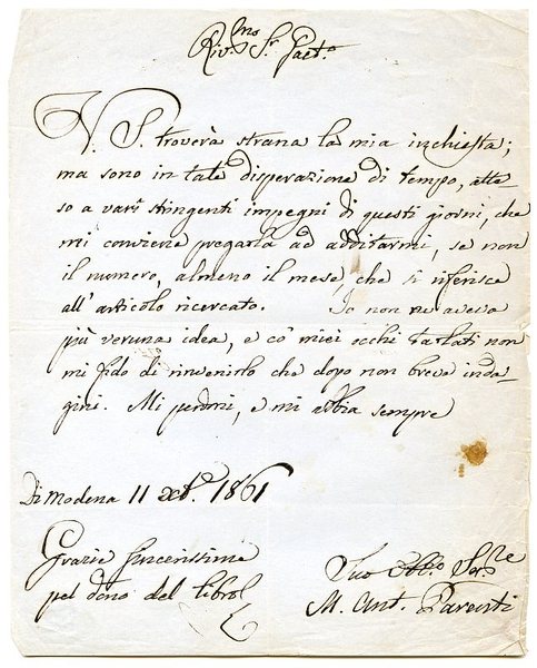 Autograph letter signed ("M. Ant. Parenti").