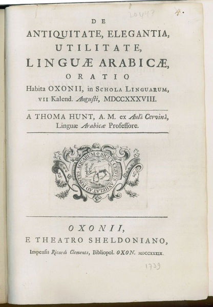 De antiquitate, elegantia, utilitate, linguae Arabicae, oratio habita Oxonii, in …