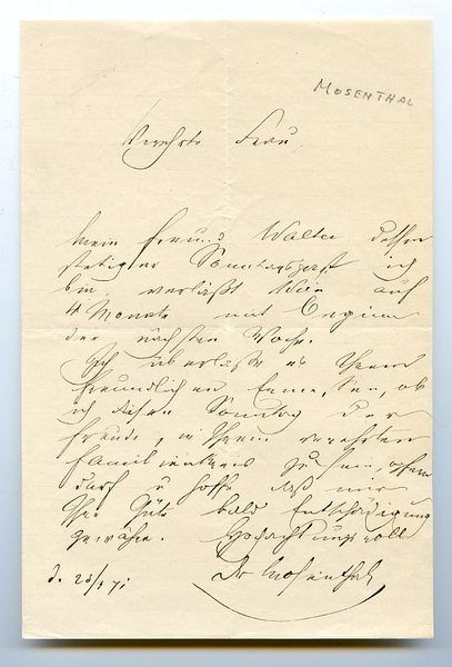 Eigenh. Brief mit U. ("Dr. Mosenthal").