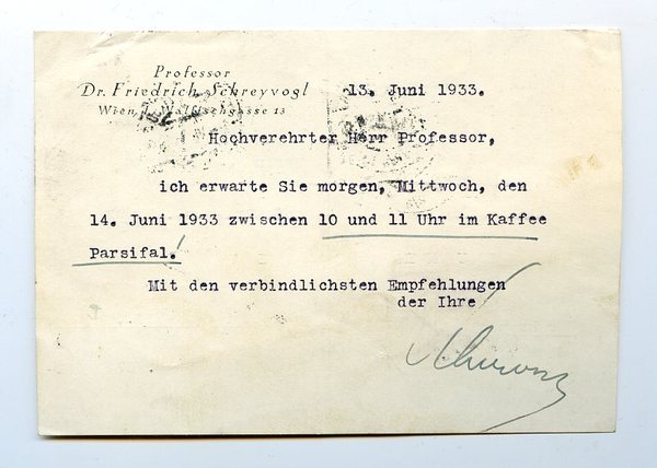 Ms. Postkarte mit eigenh. U. ("Schreyvogl").