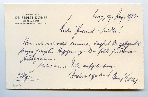 Eigenh. Briefkarte mit U. ("Koref").