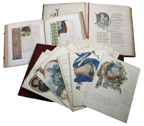 Calligraphical poem and song manuscripts with numerous autogr. drawings.