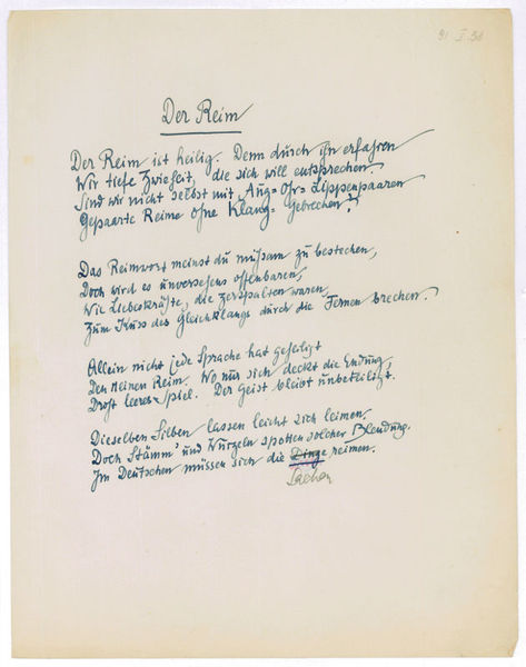 Der Reim. Eigenhändiges Sonett ohne U.