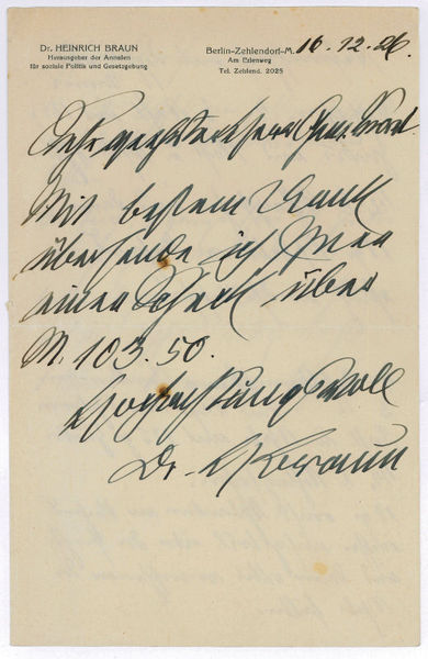 Eigenh. Brief mit U. ("Dr. HBraun").