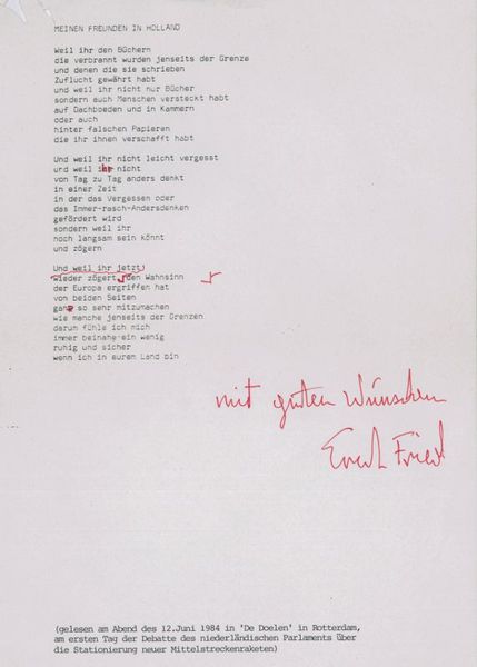 Meinen Freunden in Holland. Typed poetry ms. (30 lines) with …