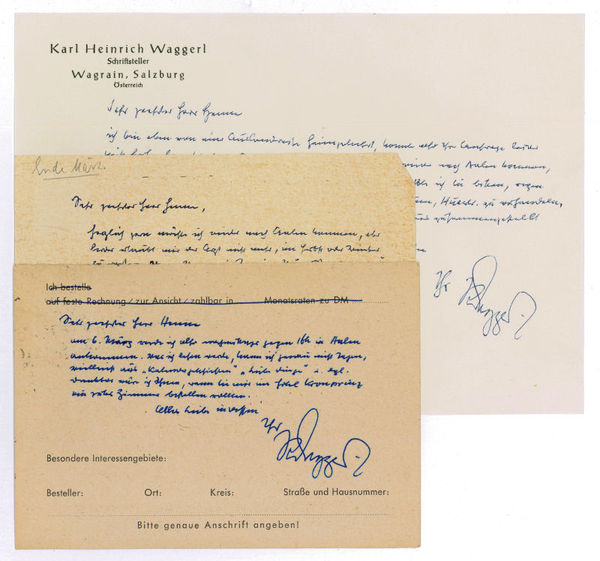 Eigenh. Brief mit U. und 2 eh. Postkarten mit U.