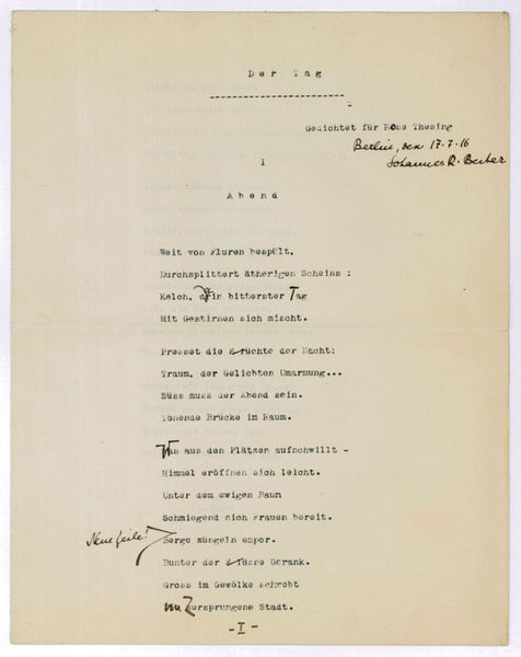 Der Tag. Original typescript poem, signed and dated by Becher.