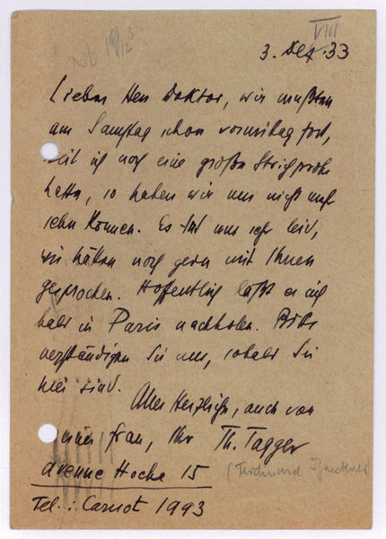 Autograph postcard signed ("Th. Tagger").