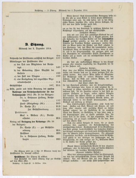 Gedr. Protokoll der dritten Sitzung am 2. Dezember 1914.