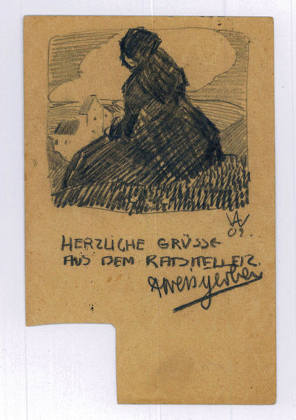 Autograph postcard signed, and with small sketch (monogrammed and dated).