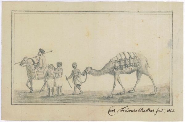 Drawing of a camel with bedouins in the desert.