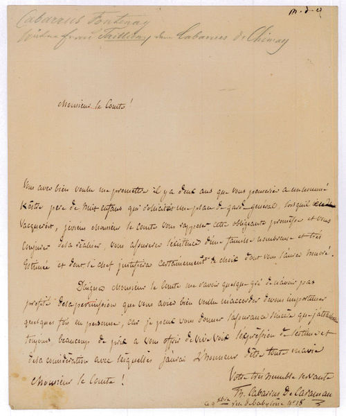 Autograph letter signed ("Th. Cabarrus De Caraman").