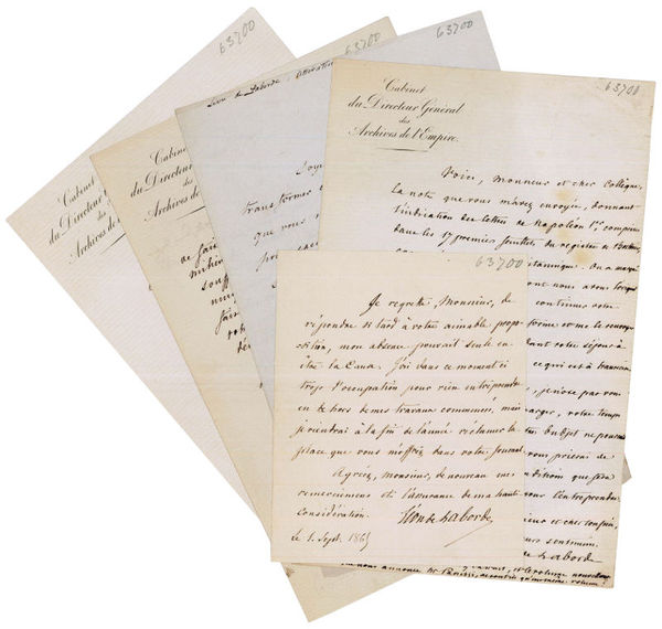 Five autograph letters signed (two "Léon de Laborde" and three …