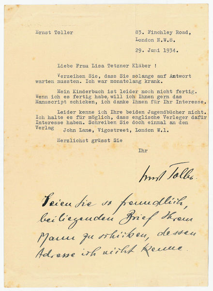 Ms. Brief mit eigenh. U. und mehrzeiliger eh. Nachschrift.