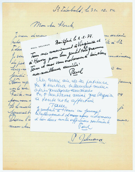Autograph letter and 2 autogr. lettercards, all signed ("P. Delvaux" …