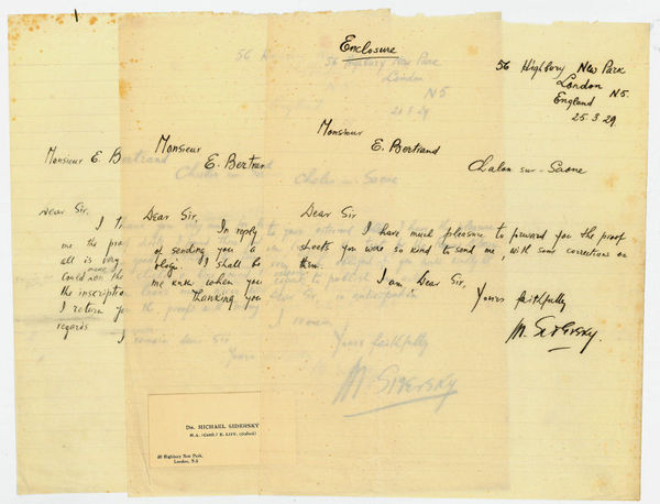 3 eigenh. Briefe mit U. ("M. Sidersky").