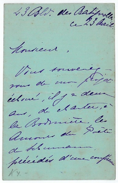 Eigenh. Brief mit U. ("Marcella Pregi").