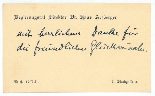 Eigenh. Notiz auf Visitkarte.