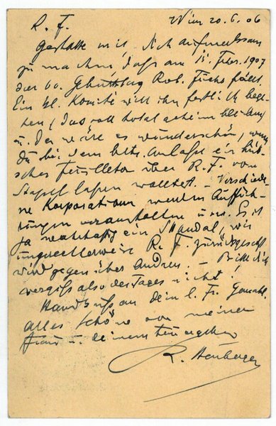 Eigenh. Postkarte mit U. ("R. Heuberger").