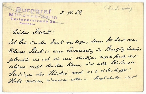 Eigenh. Briefkarte mit U.