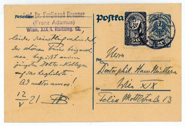 Eigenh. Postkarte mit Initialen.