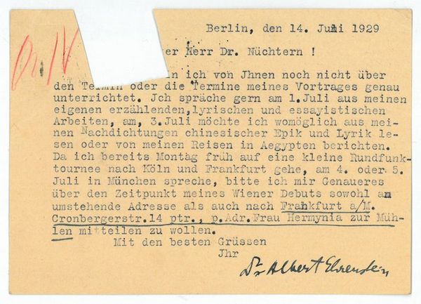 Ms. Postkarte mit eigenh. U.