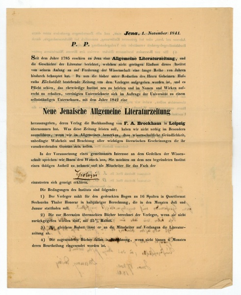 Gedr. Stellenanzeige mit eigenh. Nachsatz und U. ("DBaumg. Crusius").