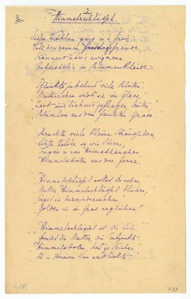 Himmelsschlüssel. Eigenh. Gedicht (24 Zeilen) mit U.