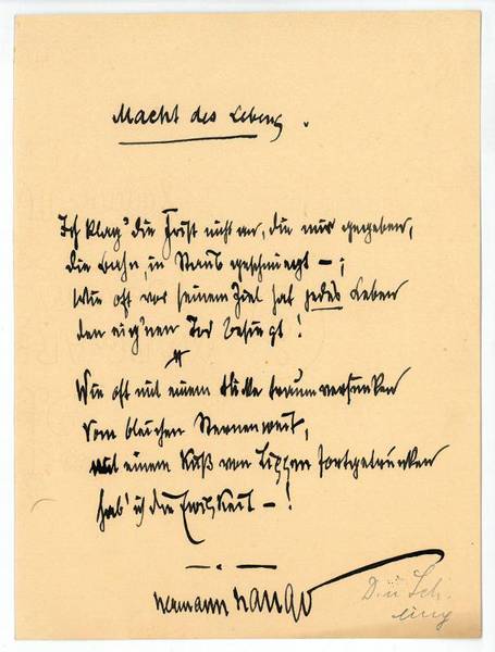 Macht des Lebens. Eigenh. Gedicht mit U.