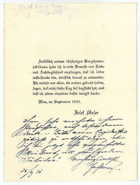 Gedr. Schreiben mit eigenh. Notiz und U.