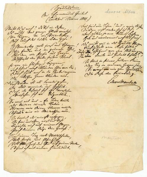 Sprudelstein. An Emanuel Geibel. Eigenh. Gedicht mit U.