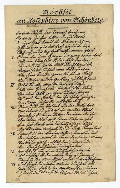 Räthsel an Josephine von Schönberg. Eigenh. Gedicht mit U.
