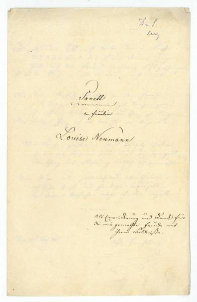 Sonett an Fräulein Louise Neumann. Eigenh. Gedicht mit U.