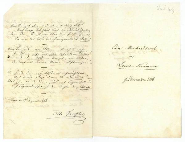 Ein Abschiedswort an Louise Neumann. Im December 1856. Eigenh. Gedicht …
