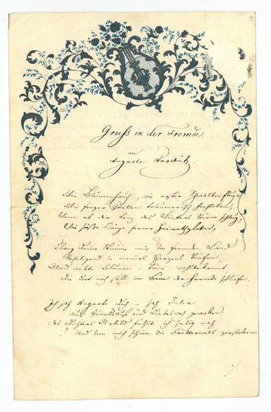 Gruß in der Fremde an Auguste Anschütz. Eigenh. Gedicht mit …