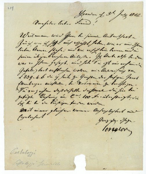 Autograph letter signed ("Pestalozzi").