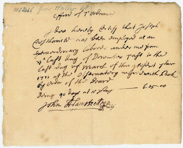 Autograph document signed ("John Flamsteed, MR").